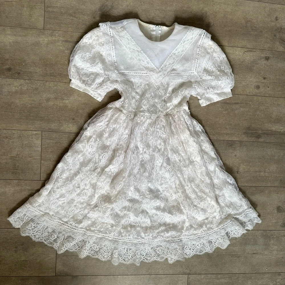 VINTAGE Gunne Sax Jessica McClintock Girls Lace Dress Size 7 Back Zip Lined